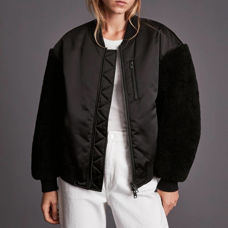 Black Fleu Wool Blend Bomber Jacket