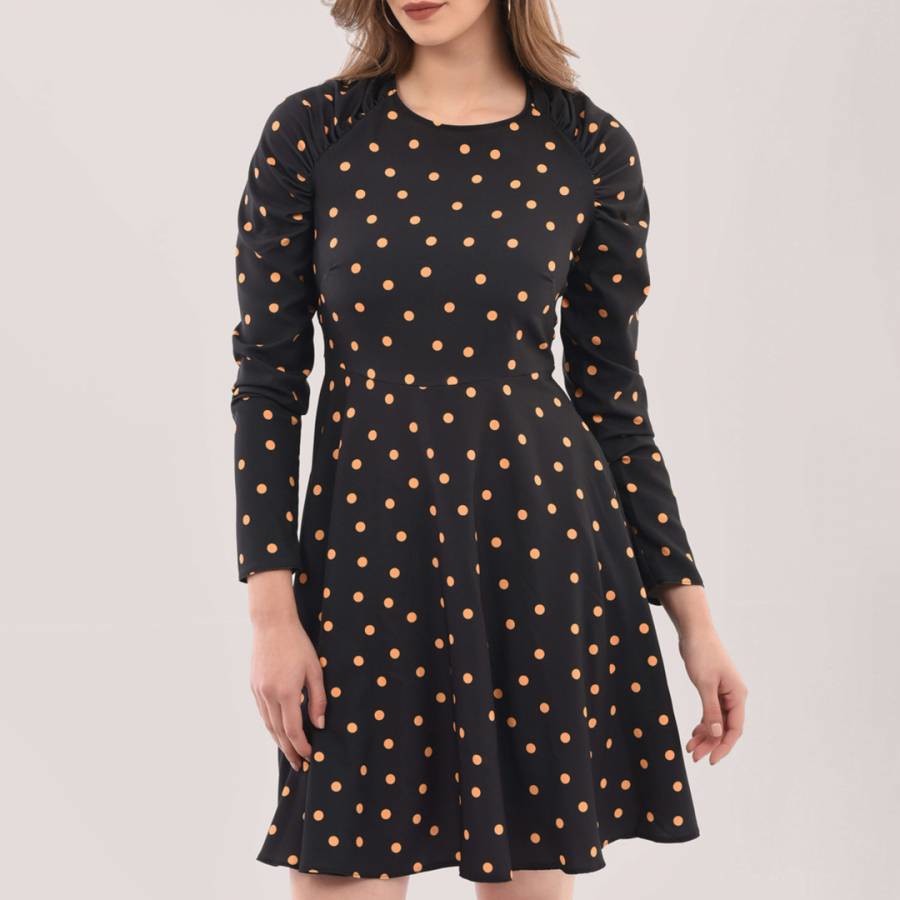 Black Polka Dot Gathered Shoulder Dress