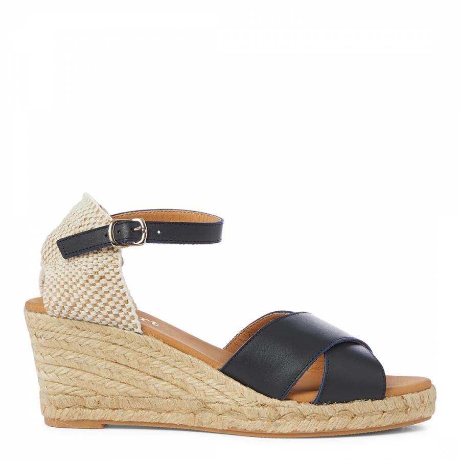 Navy Leather Espadrille Wedge Sandals