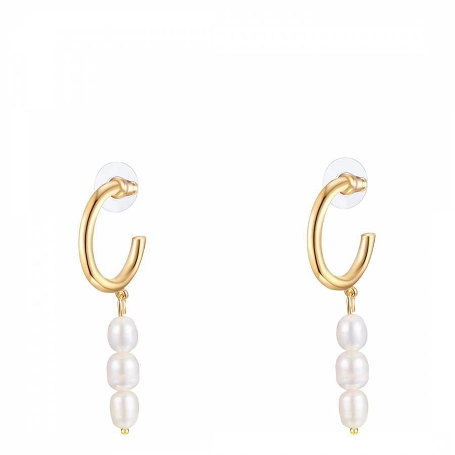 Gold Freshwater Cultured Three Pearl Hoop Drop Earrings