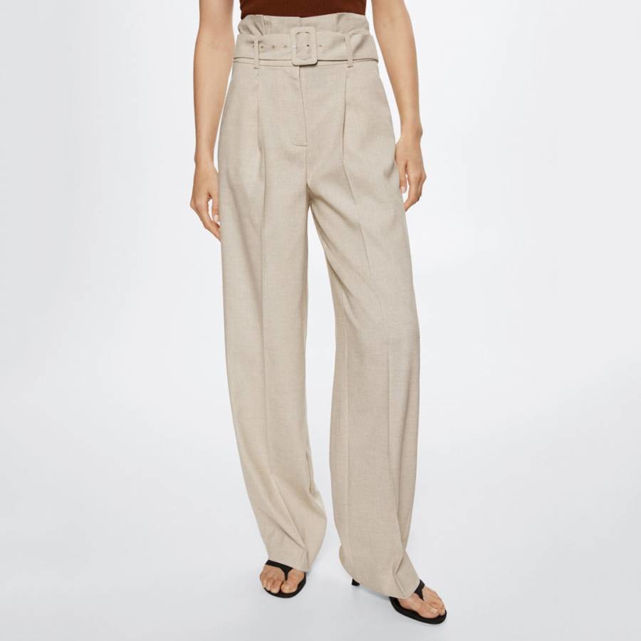 Beige Belted Check Trousers