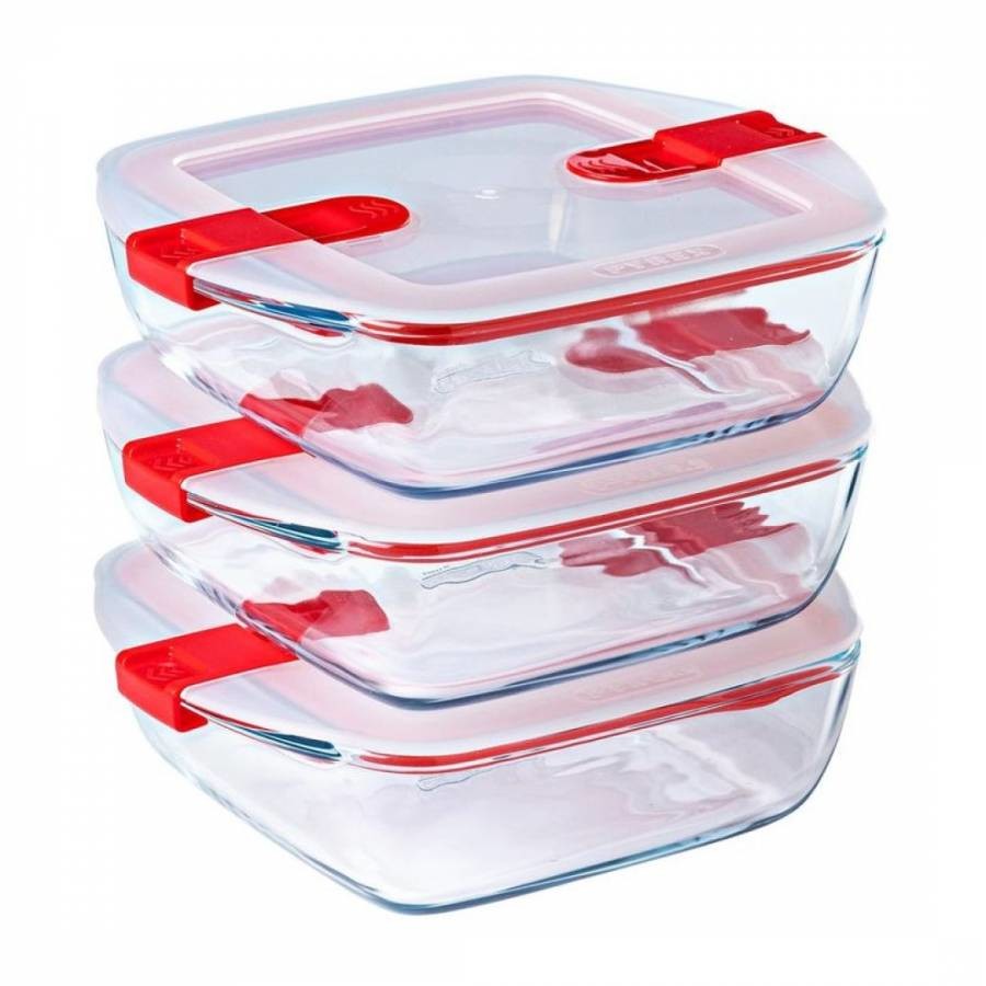 Set of 3 Cook & Heat Square Glass Food Containers with Airtight Lid for Microwaves 1L