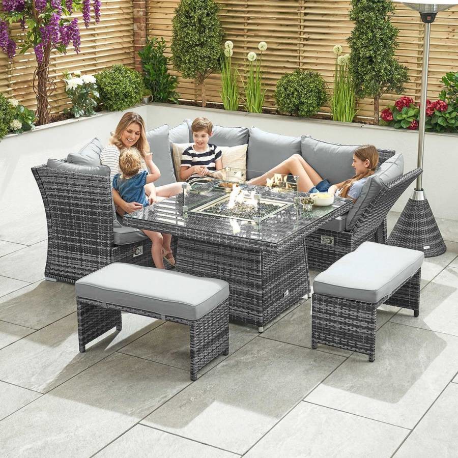 Cambridge Compact Rattan Corner Dining Set with Firepit & Reclining Sides Grey