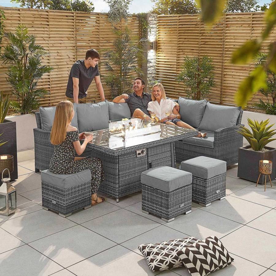 Cambridge Corner Dining Set with Fire Pit Table - Right Hand Grey