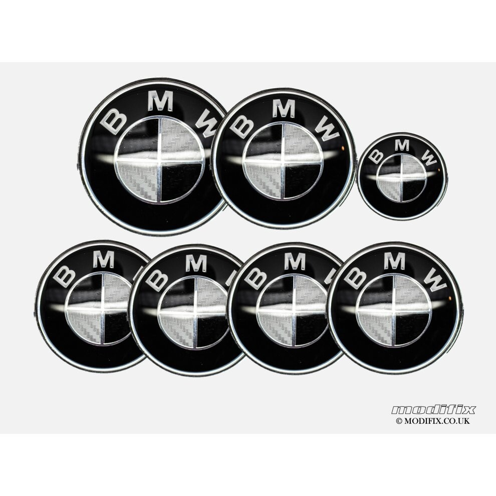 modifix_co_uk BMW CARBON GREY Emblem Badge 7pcs Set: Front + Rear + Centre Caps + Decal