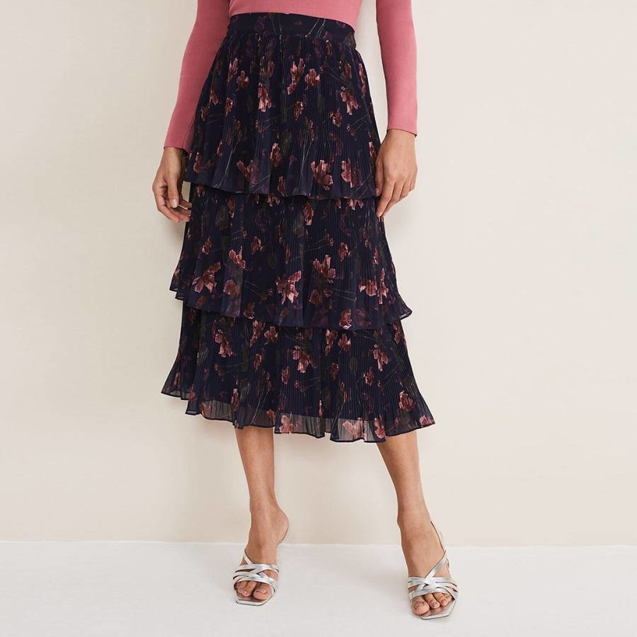 Navy Selena Floral Tiered Midi Skirt