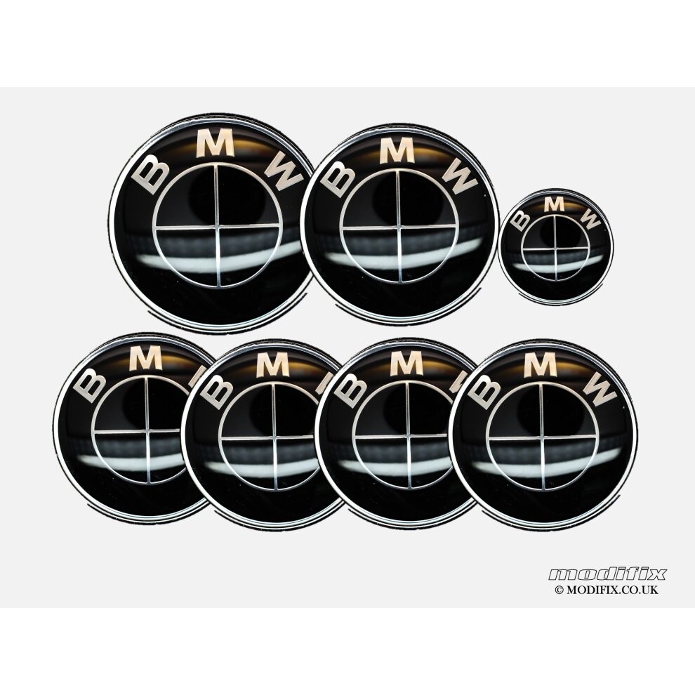 modifix_co_uk BMW FULL BLACK Emblem Badge 7pcs Set: Front + Rear + Centre Caps + Decal