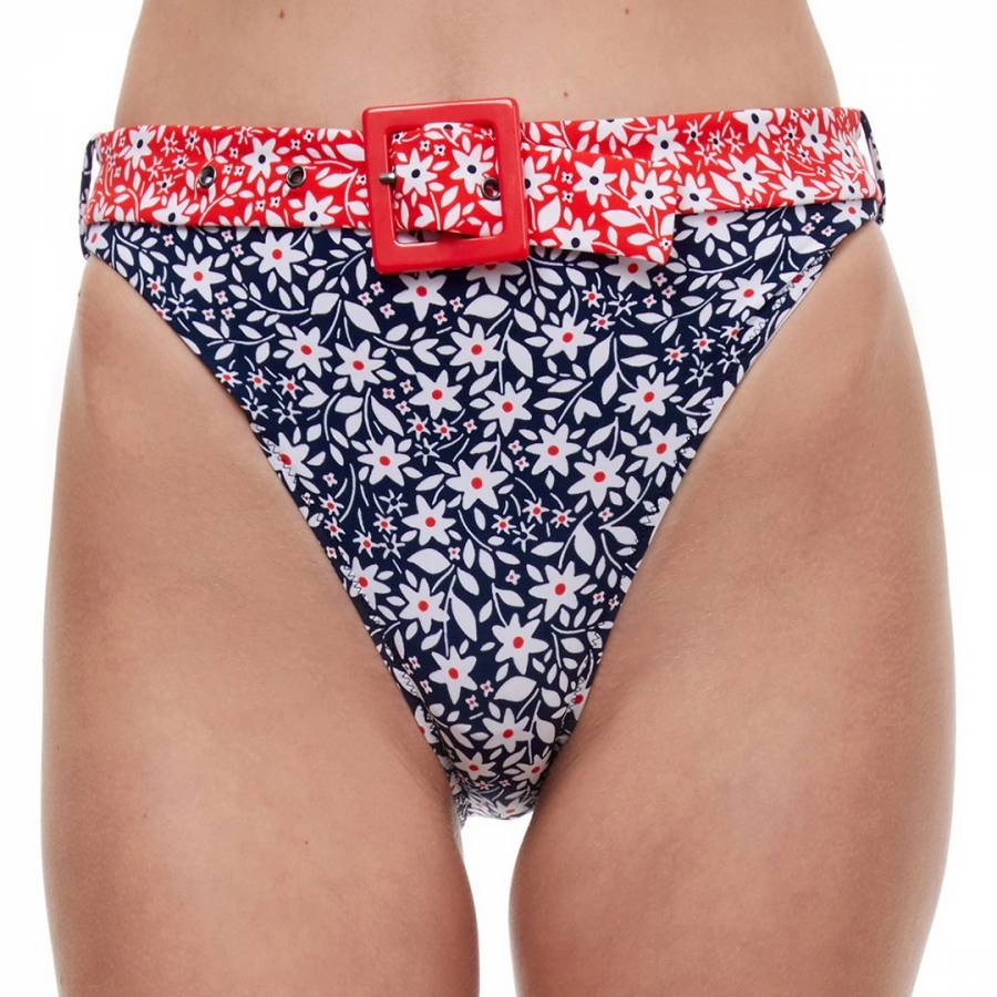 Navy/Red Floral High Leg Cheeky Bikini Bottoms