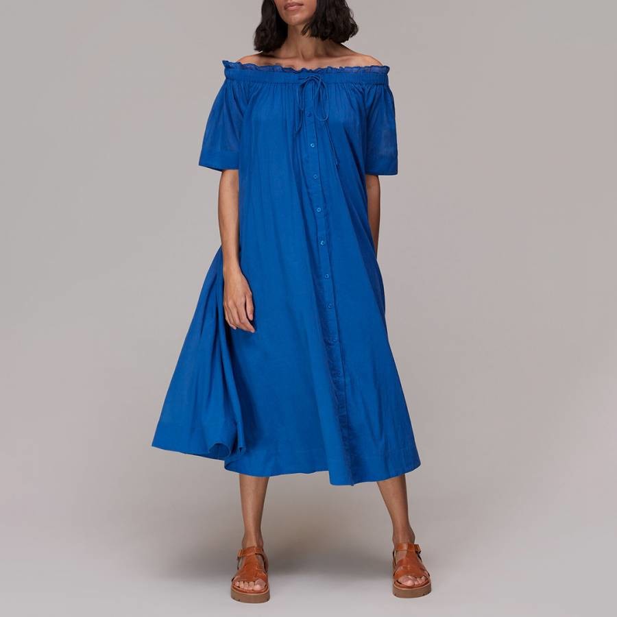 Blue Bardot Trapeze Cotton Midi Dress