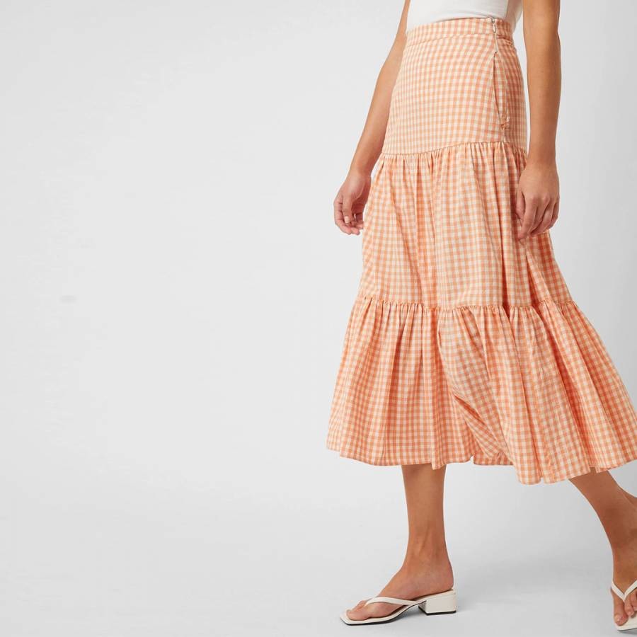 Peach Gingham Cotton Midi Skirt