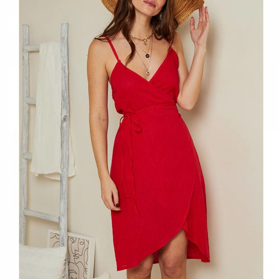 Red Wrap Linen Mini Dress