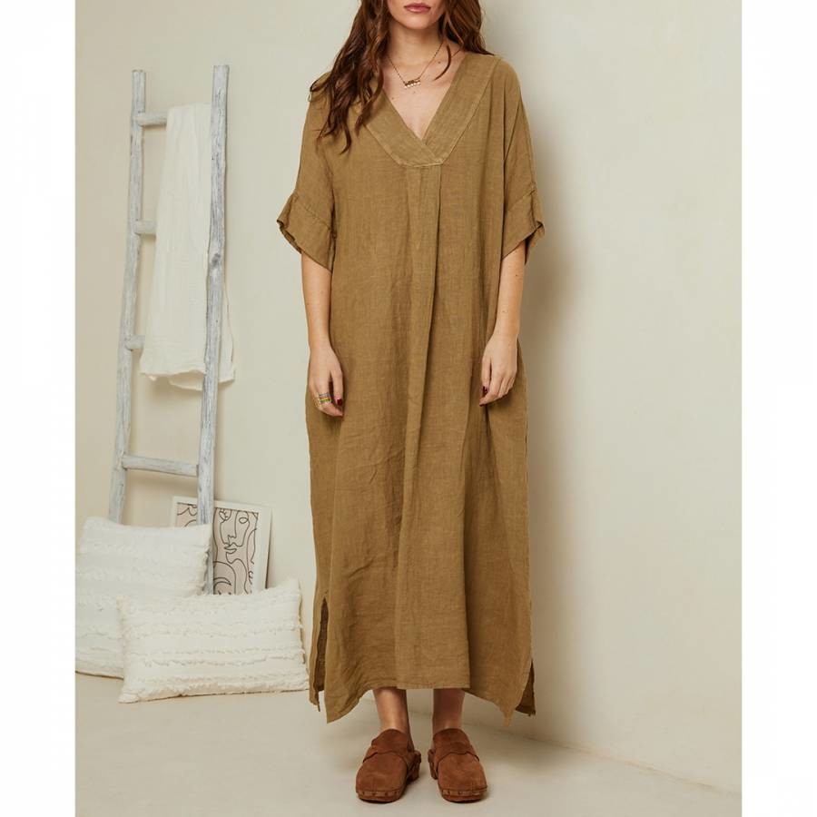 Camel V Neck Linen Maxi Dress