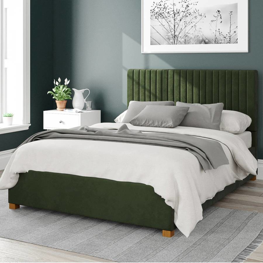 Grant Fabric Ottoman Bed Plush Velvet Fabric Forest Green Double
