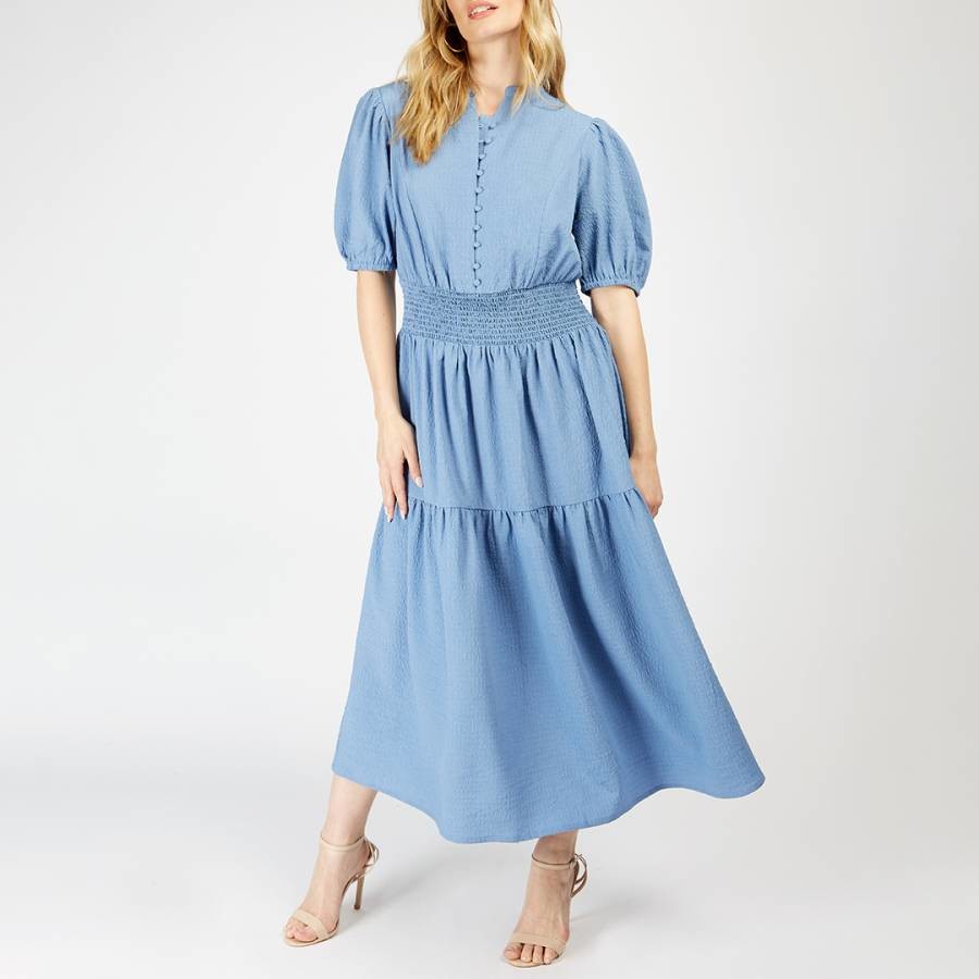 Blue Crinkle Puff Sleeve Maxi Dress