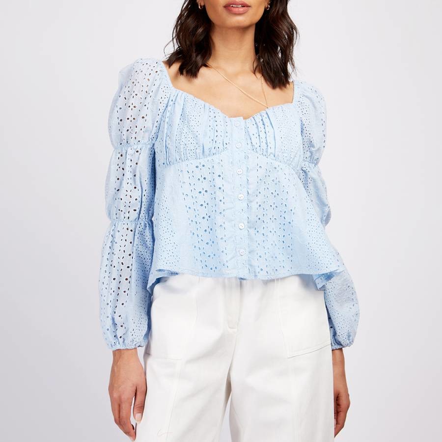 Blue Broderie Cotton Milkmaid Top
