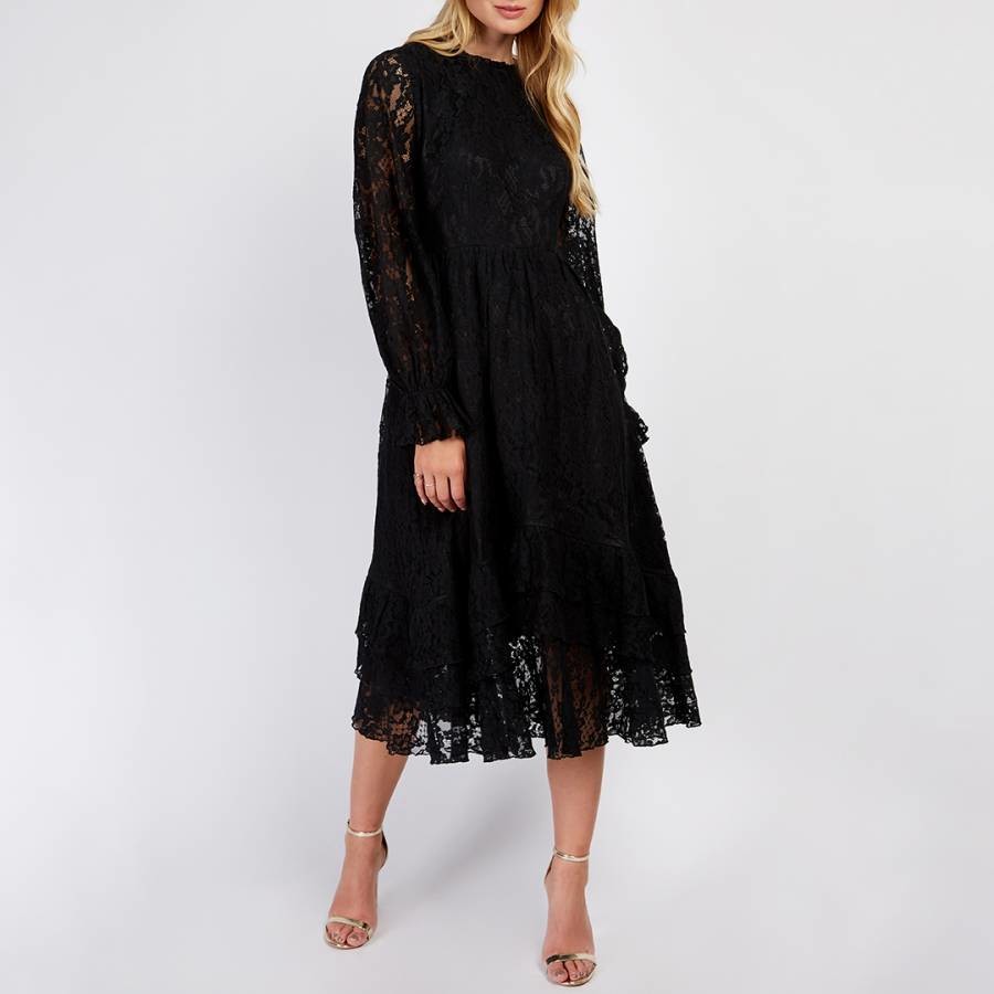 Black Lace Frill Midi Dress