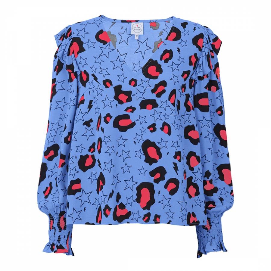 Blue Printed Frill Blouse