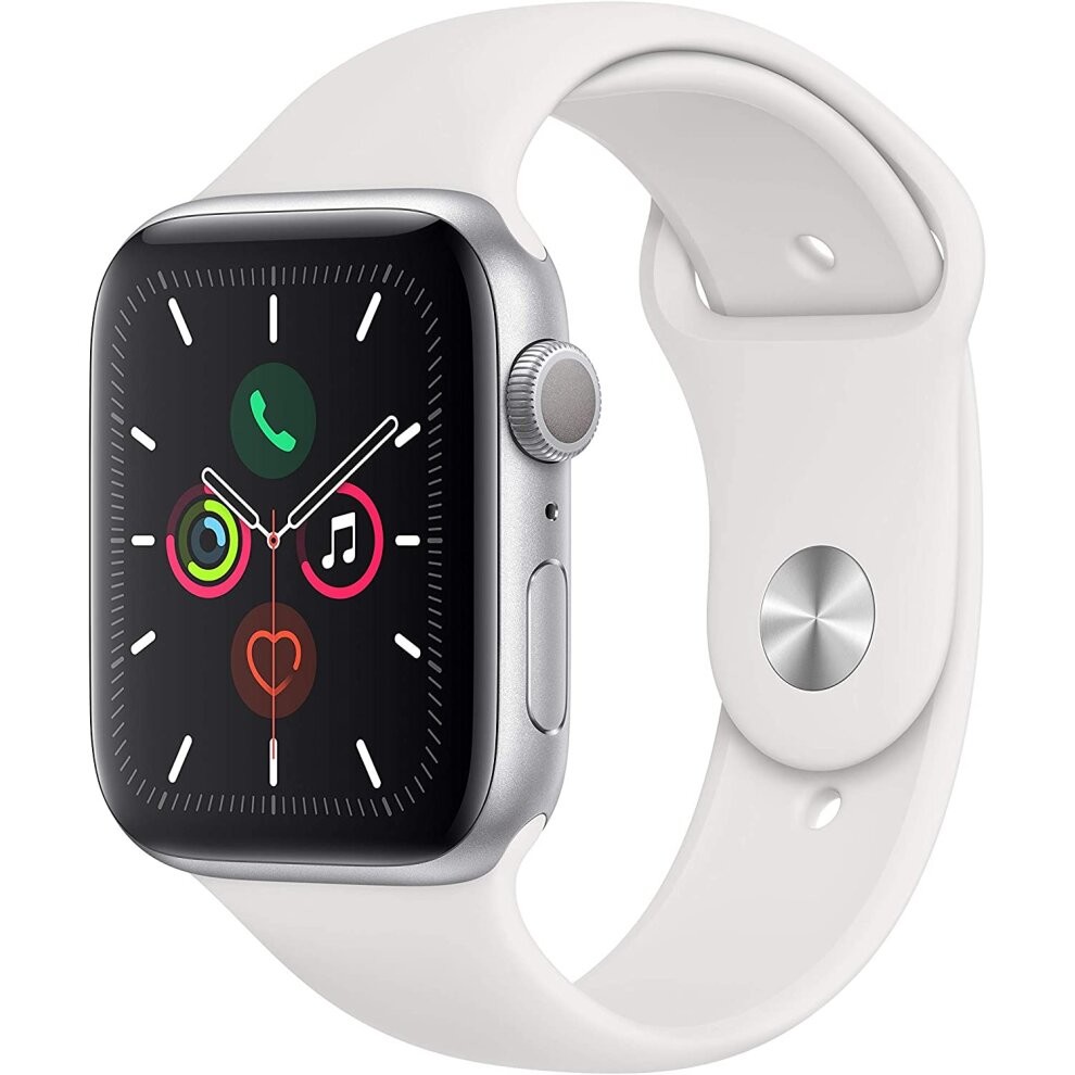 Apple Watch Series 5 44mm (GPS) - Silver Aluminium Case with White Sport Band (Renewed)