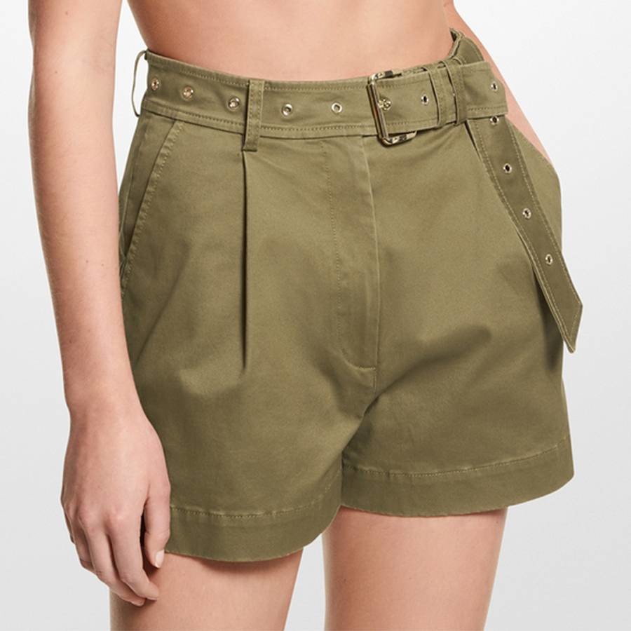 Khaki Cotton Blend Belted Chino Shorts