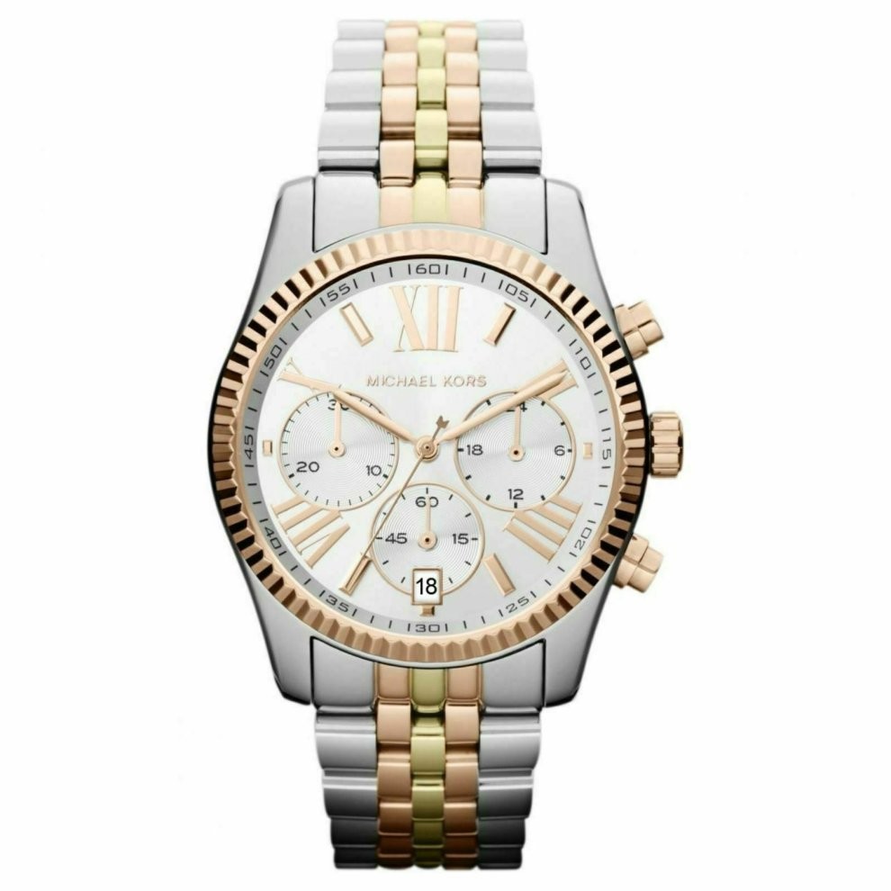 Michael Kors Lexington Ladies Chronograph Watch Tri Tone Bracelet Silver Dial MK5735