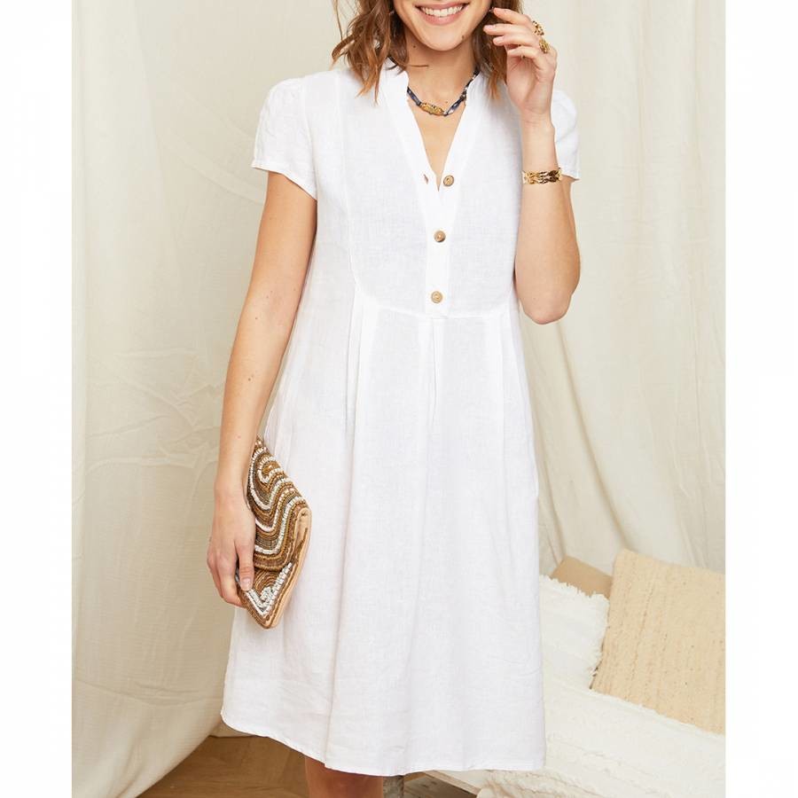 White Button Linen Mini Dress