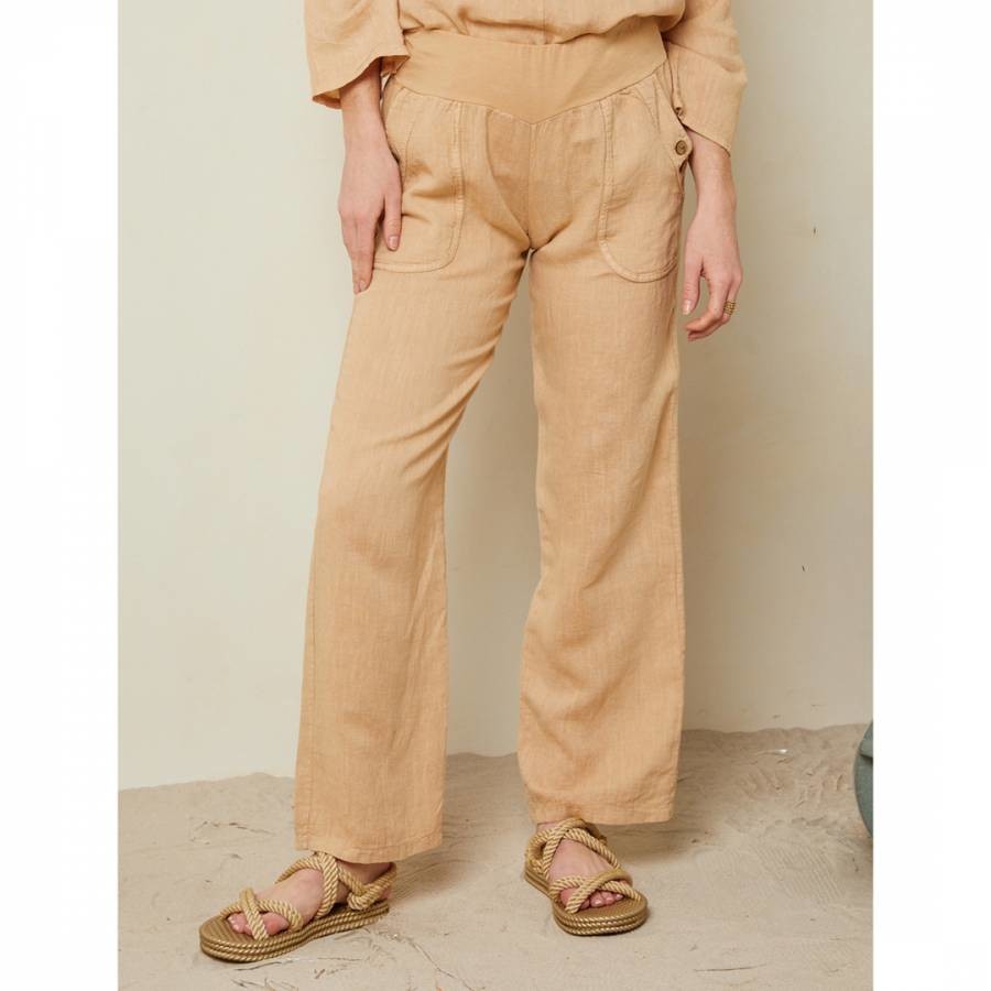 Camel Elasticated Wide Leg Linen Trouser