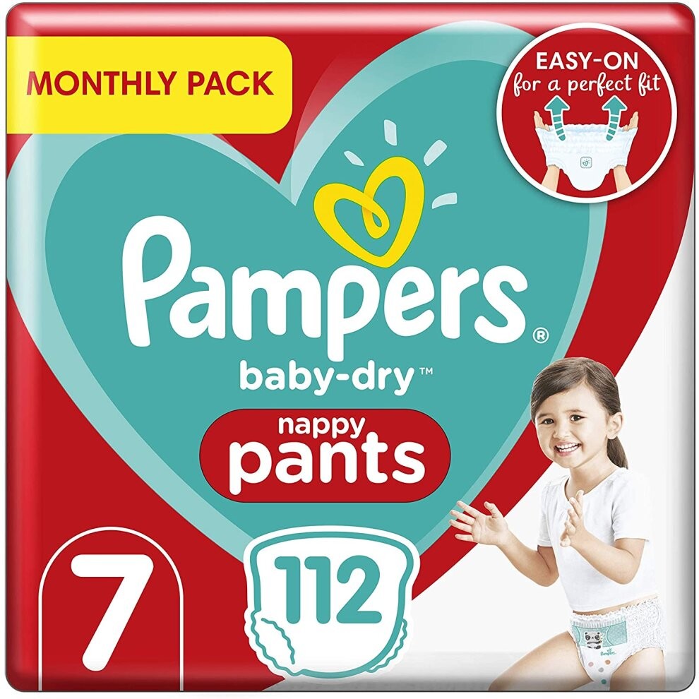 Pampers Size 7 Baby-Dry Nappy Pants, 112 Count, MONTHLY SAVINGS PACK, Easy-Up Pull On Nappies (17+ kg / 37.5 lbs)