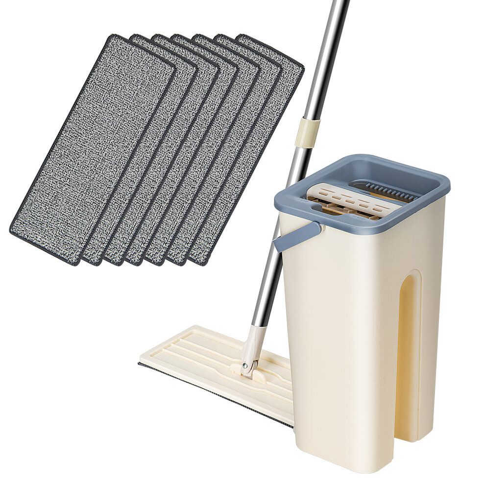 (1 Mop set + 7 Pads) 360° Flat Squeeze Microfiber Tilesr Mop Bucket Set