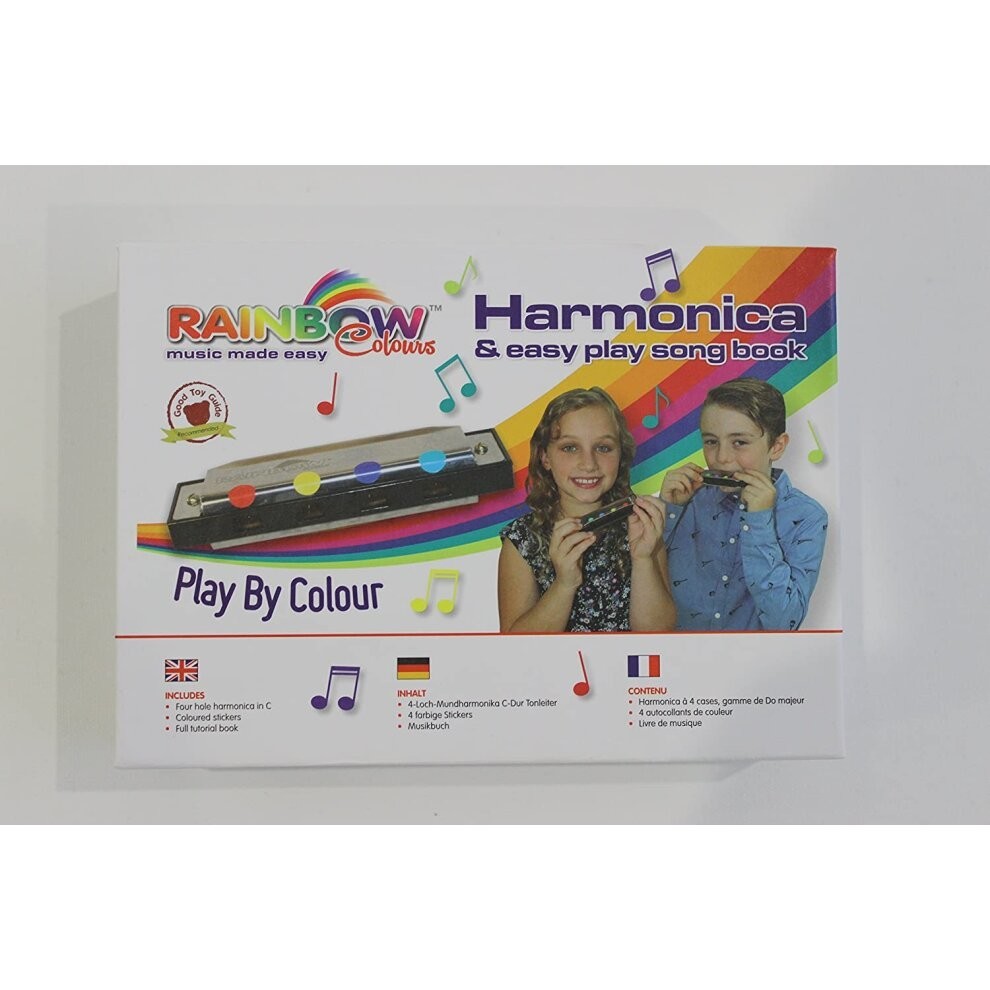 Beginners 4 hole Harmonica by Rainbow Colours - Designed for Kids and Beginners, by professionals, comes with instruction book!
