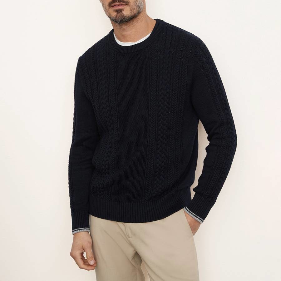 Navy Cable Knit Cotton Crew Neck Jumper