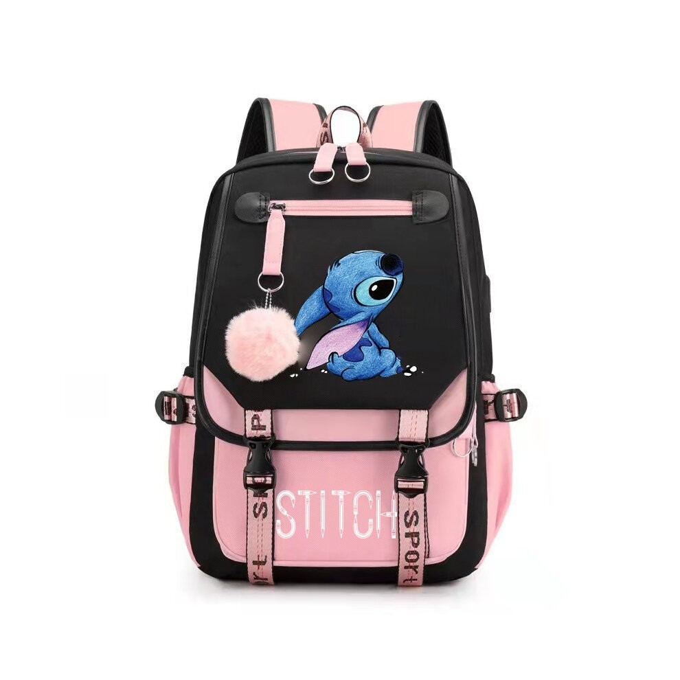 (Pink) Stitch Students Backpack Boys Girls Outdoor Cartoon Daypack With Usb Charge  Port