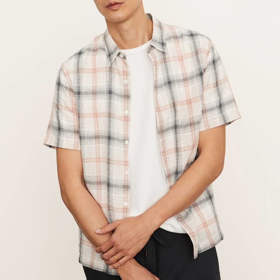 Ecru Check Short Sleeve Linen Blend Shirt