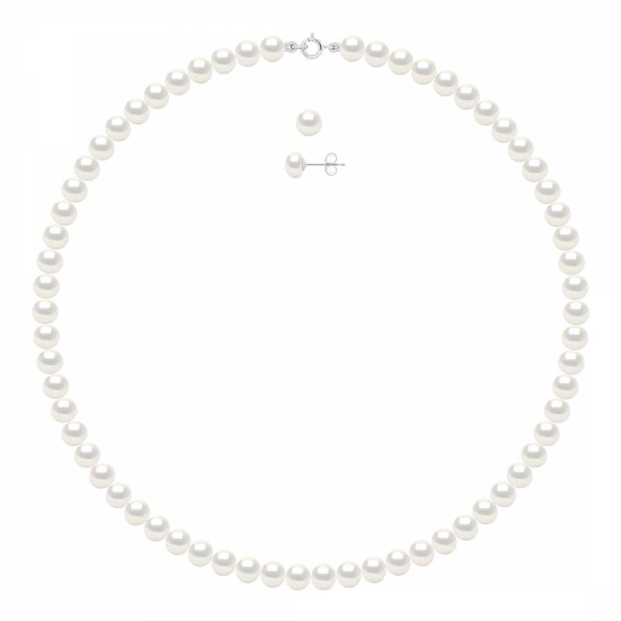 White/Silver Necklace and Bracelet Set Row Of Pearl