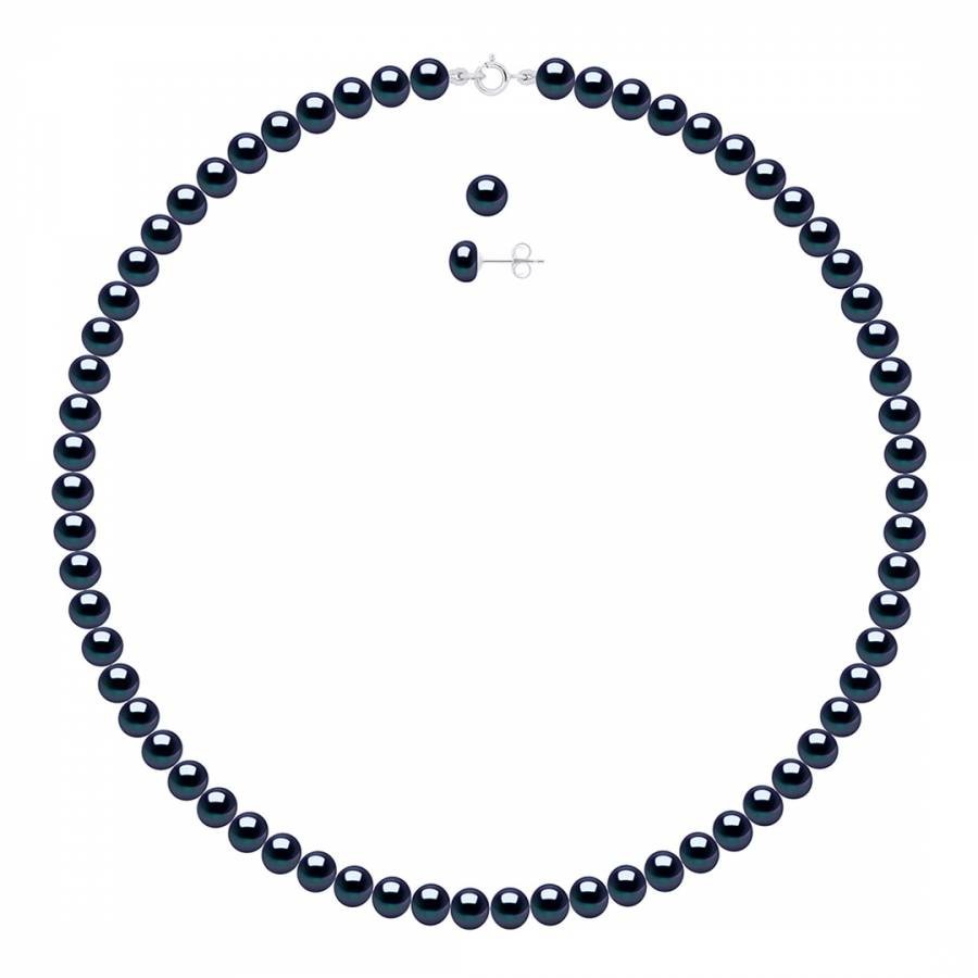 Black Real Cultured Freshwater Pearl Necklace and Bracelet Set