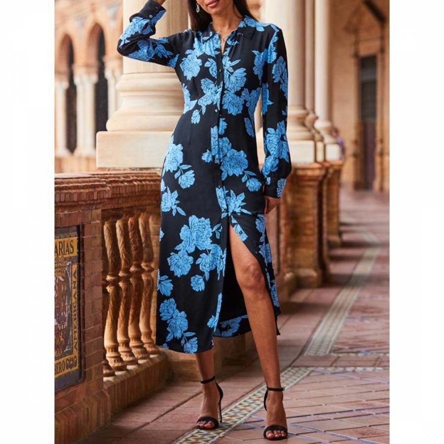 Black/Blue Floral Midi Dress