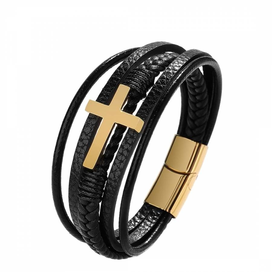 18K Gold Black Plated Cross Leather Bracelet
