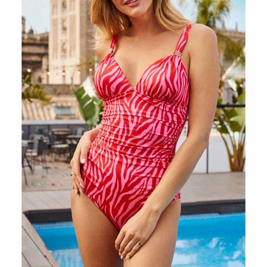 Pink Zebra Print Ruched Detail Swimsuit With Gold Detail