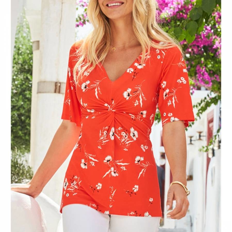 Red & White Floral Print Angel Sleeve Twist Front Top