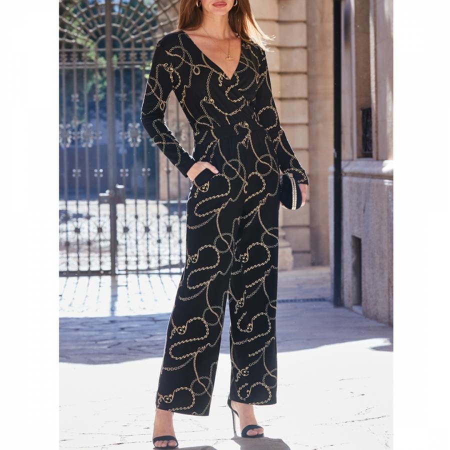 Black &Amp; Gold Chain Print Wrap Front Wide Leg Jumpsuit With Pockets