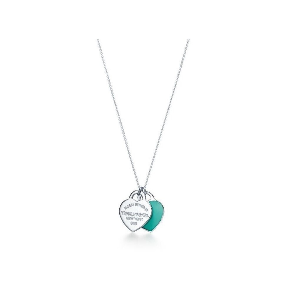(Blue Enamel) Double Heart Tag Pendant Necklace 925 silver