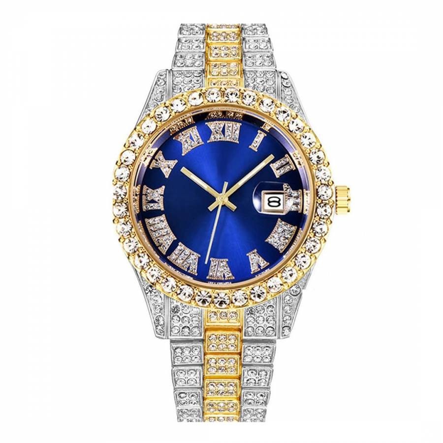 18K Gold & Silver Embellished Blue Dial Watch