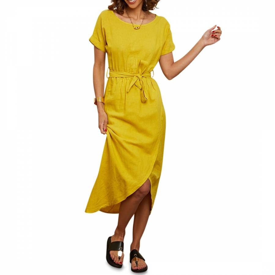 Yellow Linen Tie Waist Midi Dress