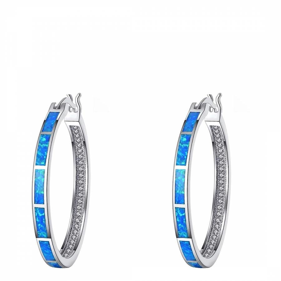 Silver Blue Opal Embellished Hoop Earrings