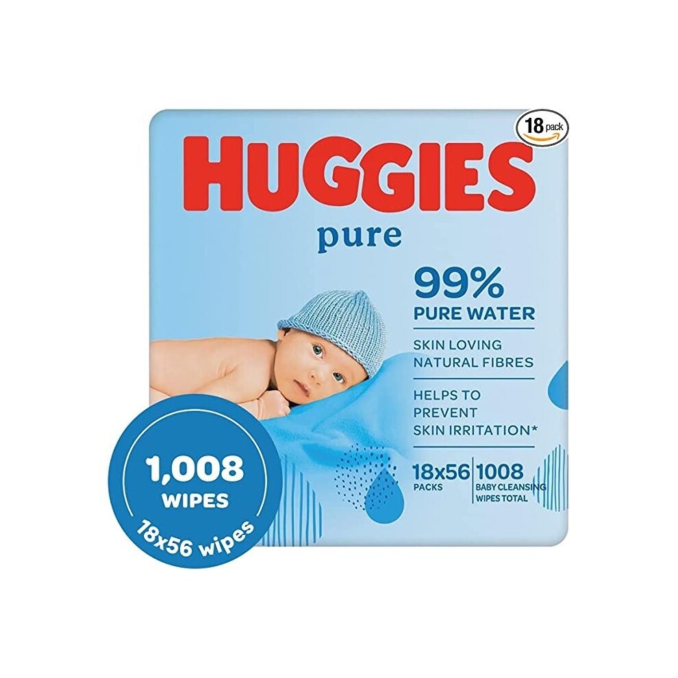Huggies Pure, Baby Wipes, 18 Packs (1008 Wipes Total) - 99 Percent Pure Water Wipes - Fragrance Free Gentle Cleaning and Protection Natural Wet Wipes