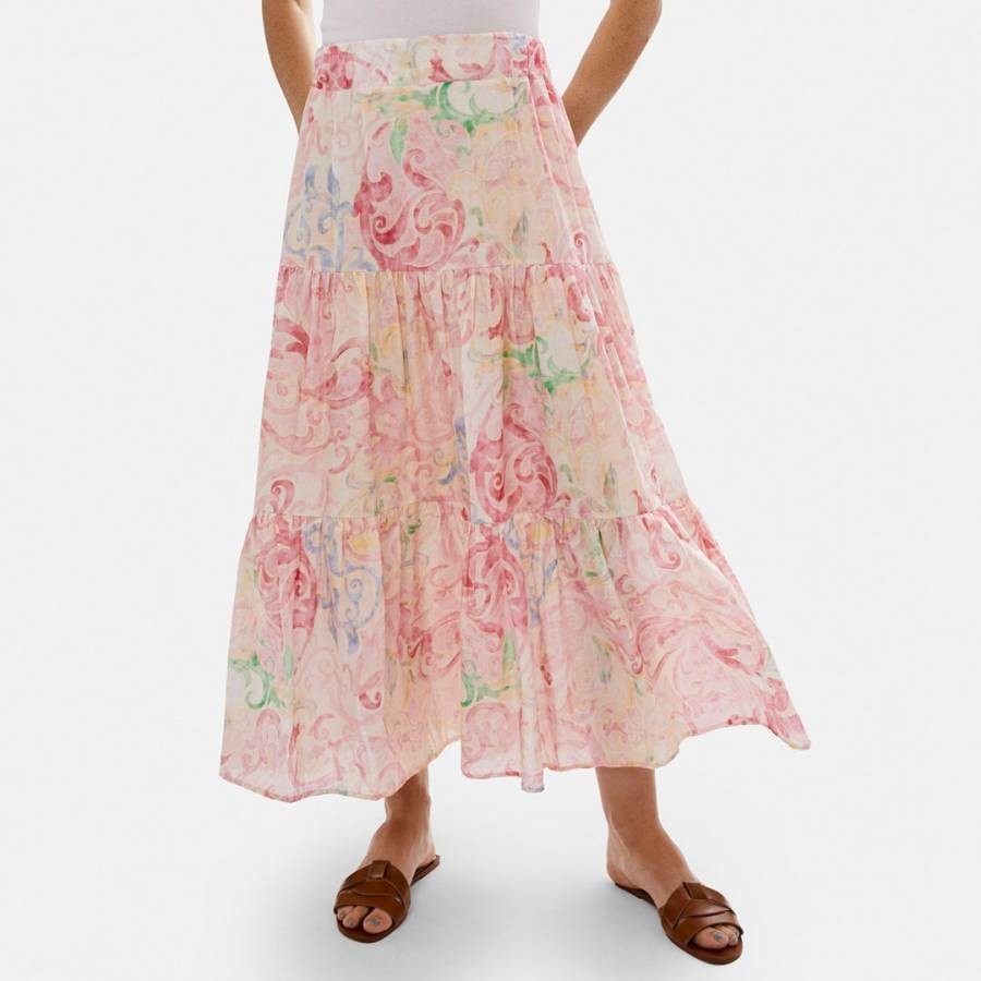 Pale Pink Floral Tiered Midi Skirt