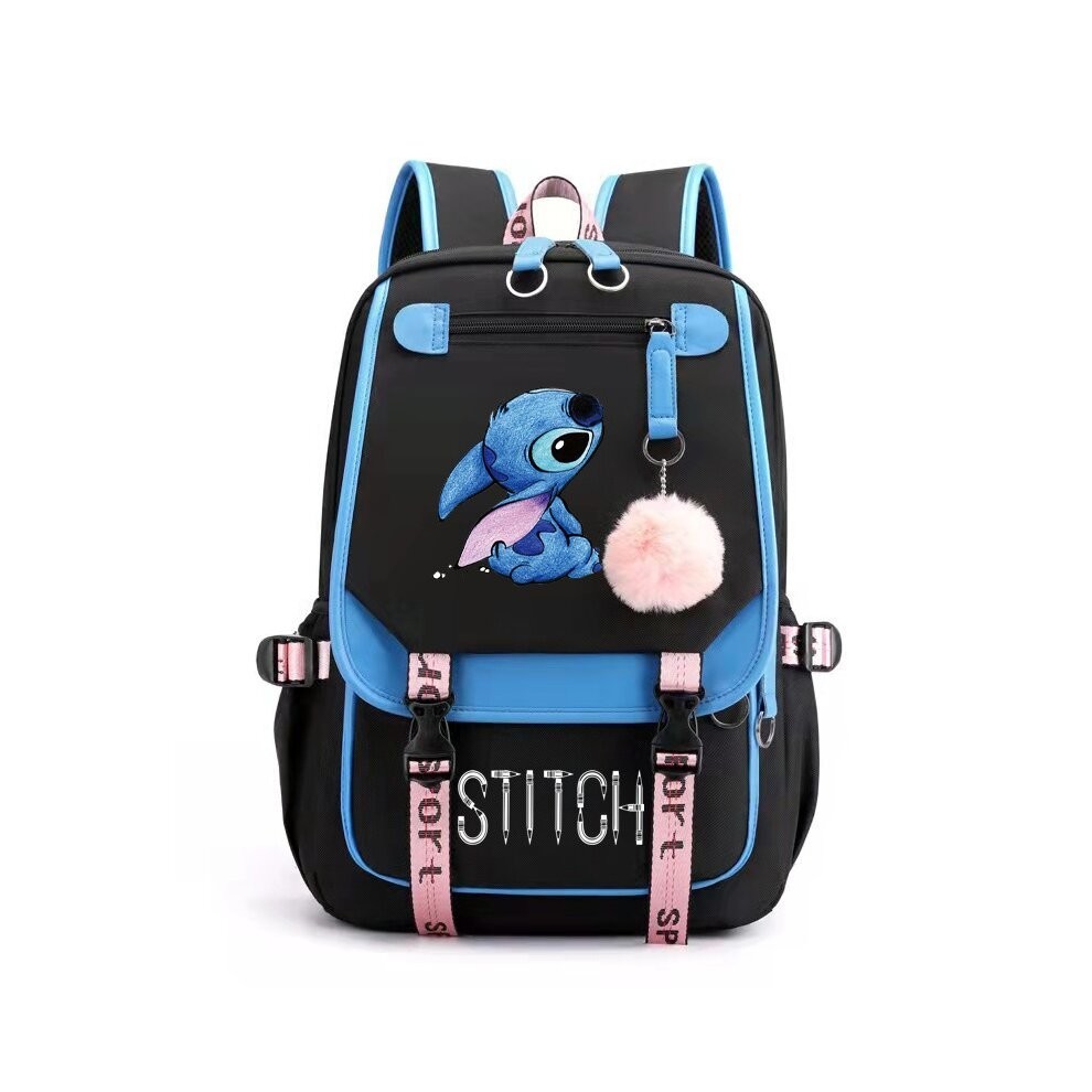 (Blue) Students Stitch Backpack Boys Girls Outdoor Cartoon Daypack With Usb Port Charge