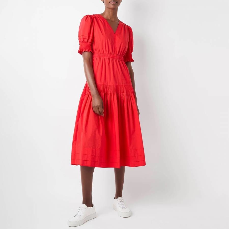 Red Minnie Pleat Detail Cotton Dress