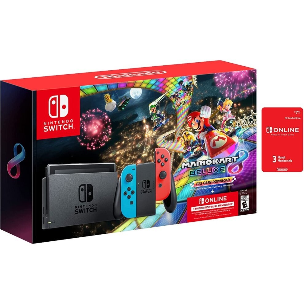 Nintendo Switch Joy-Con Neon Blue/Red Console Bundle: Mario Kart 8 Deluxe Full Game Download | 32 GB Internal Storage | 3 Months Nintendo ..