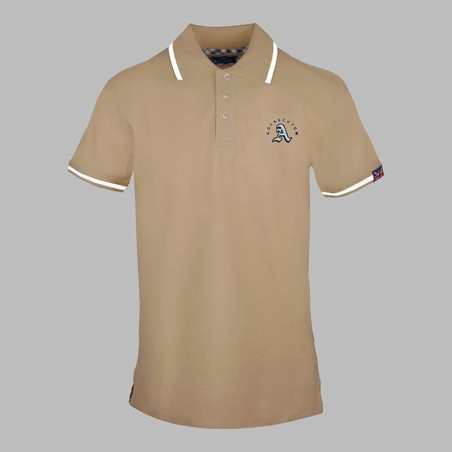 Beige Rounded Crest Cotton Polo Top