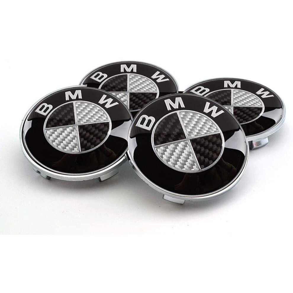 BMW Black & White Carbon Center Hub Alloy Wheel Caps 68mm Set Of 4 PCS